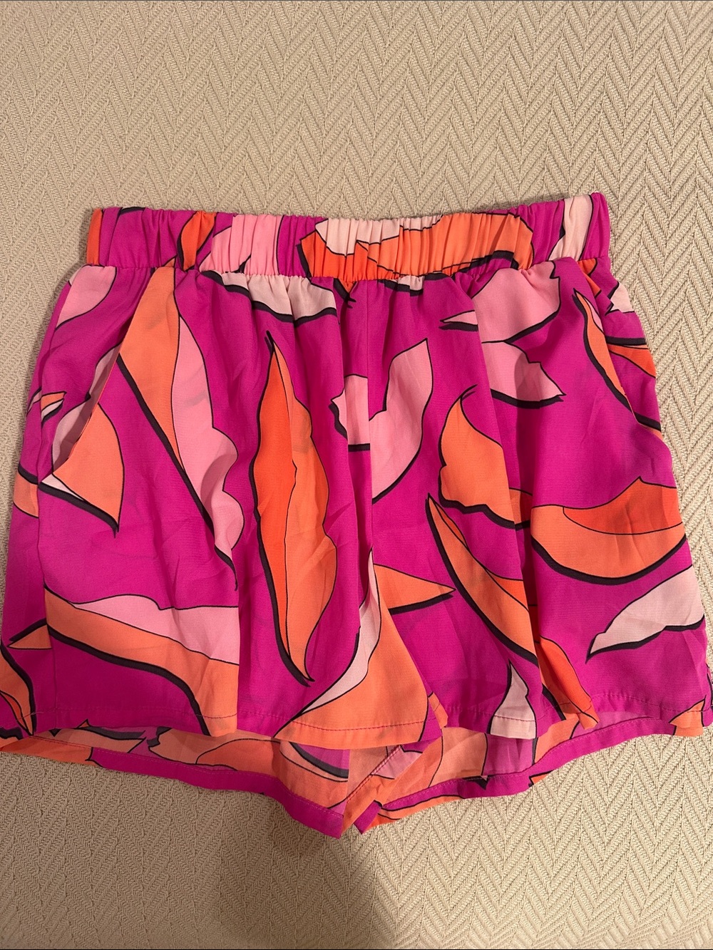 Tyche Pink and Orange Abstract Leaf Athletic Shorts